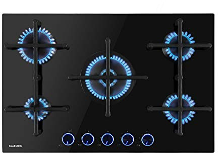 Klarstein Gas Cooker, 5 Burners Gas Hob, 11.5 kW Built In Five Ring Electric Hob, Campervan Cooktops Cookers, Stainless Steel Glass Top Wok Burner, 5 Ring Kitchen Stoves Cooker Burners Units