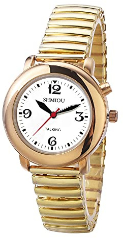 SHMIOU Sprechende Armbanduhr für Damen, Französisches Gold, Armbanduhr, Damen, Talking Watch, Quarz, mit ausziehbarem Armband aus Edelstahl, gold, 16CM, Armband