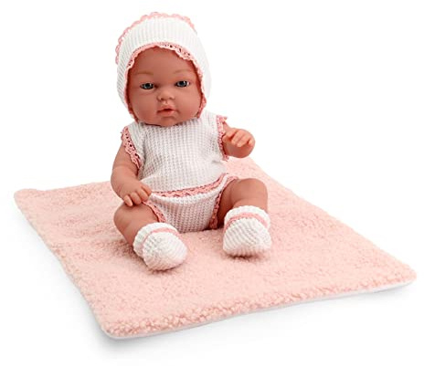 Tachan - Muñeca bebé 30cm, con ropita de Punto Blanco y Rosa, con Manta de Borreguito, Fisico Realista de Bebe, extremidades articuladas (CPA Toy Group Trading S.L. 788T00623)