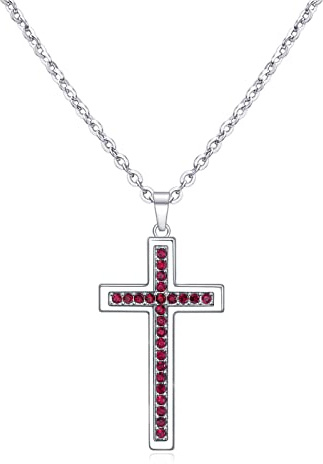 Dixbix Baptism Cross Necklace for Women,First Communion Cross Necklaces Jewelry Gifts for Women (Birthstone 01-January-G Red)