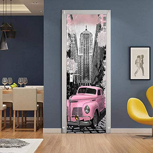 Arte De La Puerta 3D Coche Retro Rosa Adhesivo Autoadhesivo Para Puerta, Póster, Papel Tapiz, Mural, Adhesivo Para Pared, Foto 80 X 200 Cm Para Sala De Estar, Dormitorio, Baño, Cocina, Oficina, Puert