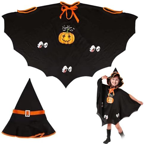TECHEEL Halloween Umhang Hexe Kinder Fledermauskostüm Kostüm Hexenkostüm Kürbis für Halloween Cosplay Party