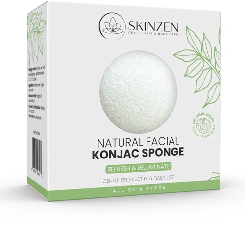 Skinzen, Konjac - Spugna per il viso, delicata pulizia quotidiana ed esfoliante per tutti i tipi di pelle, prodotto naturale di ricetta originale, senza additivi, colore bianco, 1 spugna