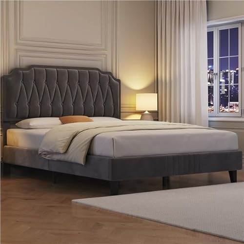 Yaheetech Letto Matrimoniale con Testiera Imbottita 31 cm Altezza Regolabile 160 x 200 cm Telaio con Rete a Doghe in Legno e Metallo Grigio Scuro