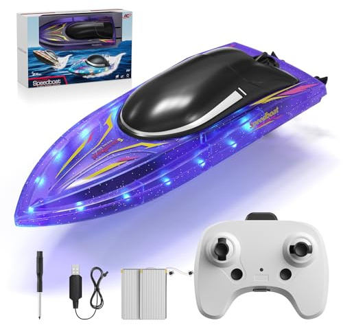 Wisbecost Bateau télécommandé, Bateaux télécommandés pour garçons et Filles, Bateau Jouet pour piscines, Lacs, rivière, Jeu d'eau avec 2,4 GHz, 15 + KMH, Corps Entier étanche, Batterie Rechargeable