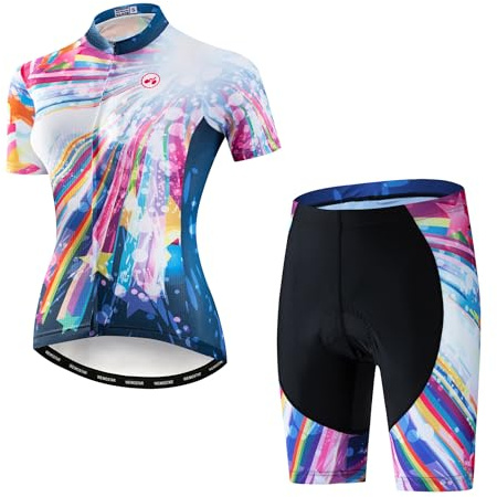 Weimostar Women Cycling Jersey Set 5D Gel Padded Shorts Short Sleeve Cycle Biking Shirt Girl Bicycle Clothing Breathable Star Colorful Size M