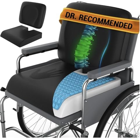 Wheelchair Cushion for Pressure Relief - (2-PIECE Set) 18”x16” Anti-Slip Wheelchair Seat Cushions for Adults, Seniors with Lumbar Pillow and Removable Strap, Gel Cushion for Wheelchair