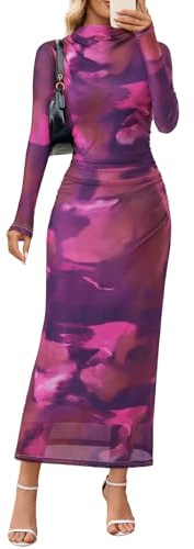 MEROKEETY Women's Long Sleeve Fall Wedding Guest Dress 2025 Bodycon Floral Mesh Ruched Cocktail Maxi Dresses, Plum, M