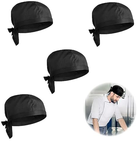 4 Piezas Gorro de Chef de Bandana Chef Hat Bandana Gorro de Cocina Ajustable Unisex Gorro de Cocinero Negro Ajustable Ideal para Restaurantes, Cocinas, Panaderías, Cafeterías, Hoteles y Supermercados