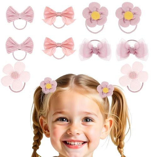 10 Stück Cute Haargummis mit Schleife, Rosa Elastisches Haarbänder niedliche Blume Haargummi für Baby Mädchen Mädchen Kleinkind Zubehör