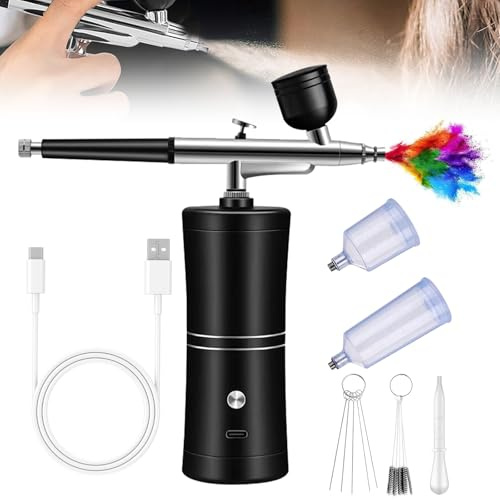 GOEDCH Kit Aérographe Multi Fonctions avec Compresseur: Kit Aérographe Sans Fil avec Compresseur d'air, Brosse à Air Rechargeable pour Nail Art, Décoration de Gâteau, Modélisation de Tatouage (Noir)