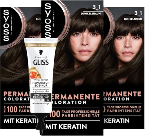 SYOSS Coloration 3_1 Dunkelbraun (3x 115 ml), permanente Coloration mit Keratin verleiht bis zu 100 Tage professionelle Farbintensität & SOS-Intensiv-Kur Total Repair (15 ml), Haarkur