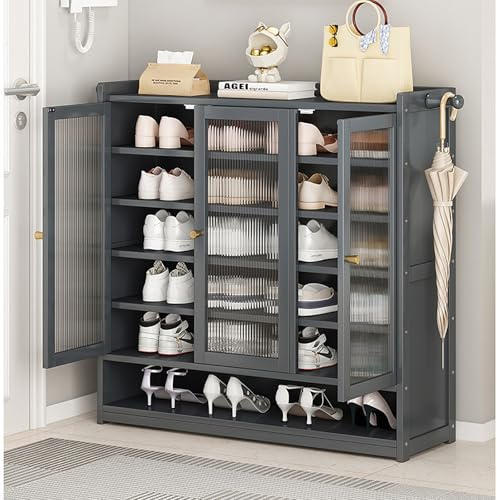 DONGGANSHI Meuble à Chaussures en Bambou avec Portes et caillebotis, étagère à Chaussures en Bois Gris pour couloirs et entrées, Meuble à Chaussures de Bureau de 90 cm (90 × 32 × 93 cm)