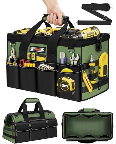 16-Inch Heavy Duty Tool Bag, 19-Pockets Tool Box Organizer, Portable Toolbag W/Soft Handle for Organized Storage, Mechanic Gifts for Men Dad Husband Fathers Day, Wide Mouth Electrician Toolbox, Green