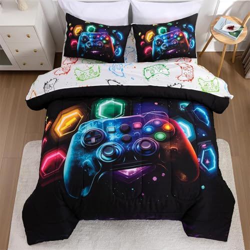 Tabeskly Boy Kids Geometry Gaming Gamepad Gamer Bedding Single Duvet Cover Sets Bed Zipper Multicolor Black 135×200cm