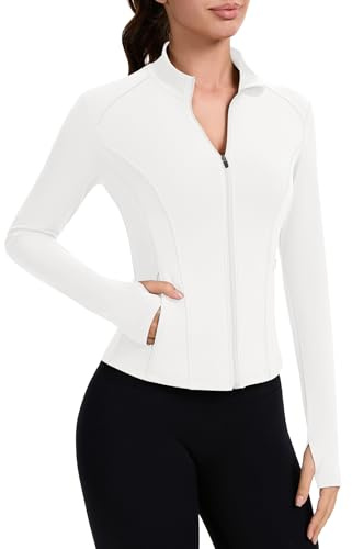 IECCP Gym Tops for Women UK Sport Running Jackets Long Sleeve Workout Fitess Activewear Lightweight Moisture Wicking Yoga Tops with Thumb Hole Zip and Side Pocket White M