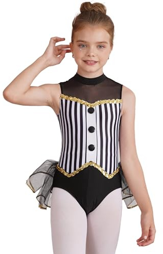 Linyuir Bambina Senza Maniche Tuta Da Ginnastica A Strisce Costume Da Danza Body Con Gonna Tutu Costume Circo Clown Cosplay Abiti Per Feste A Tema Nero 15-16 anni