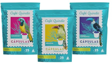 Cafe Quindio Compostable Coffee Pods, compatible with Nespresso Original machines - Genova Single Origin + Gourmet + Gourmet Espresso - 25 Pods/Bag (Pack of 3)