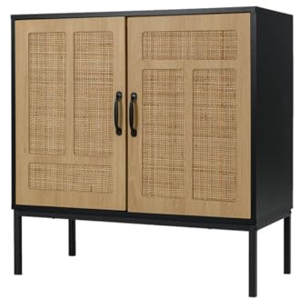 GOPLUS Armario de Almacenamiento, Aparador de Buffet con 2 Puertas de Ratán Natural, Estante Ajustable en 3 Posiciones, Patas Metálicas, Kits Antivuelco, Mueble de Pie para Cocina, Comedor (Negro)