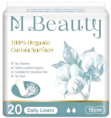 M BEAUTY - Protège-slips en coton bio – 150 mm – 20 pièces – Doux, respirants et confortables – Hypoallergéniques – Pack écologique