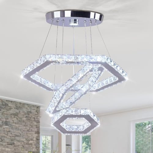 FRIXCHUR Lampada a Sospensione Cristallo 3 Anelli, Lampada LED Moderna a Sospensione, Lampada a Soffitto per Soggiorno, Camera, Sala Pranzo, Cucina, Corridoio (Luce Bianca Fredda)