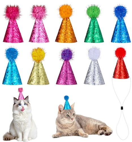 Aysatogc partyhattar för gosedjur 10 stycken födelsedagshatt för hundar justerbar blixthatt festhattar med pompon och glitterdetaljer för valpar katter kostymer tillbehör festdekorationer
