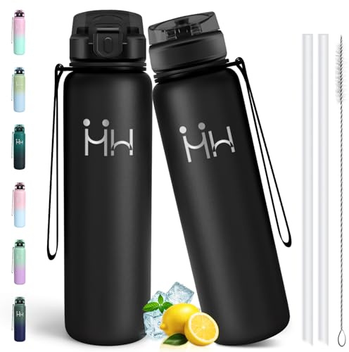 Motswedi Borraccia Termica 1 litro, Acciaio Inox Bottiglia Termica, Borraccia con Cannuccia, Isolamento Sottovuoto a Doppia Parete, per Acqua Fredda e Calda, per Campeggio, Yoga, Palestra, Nero