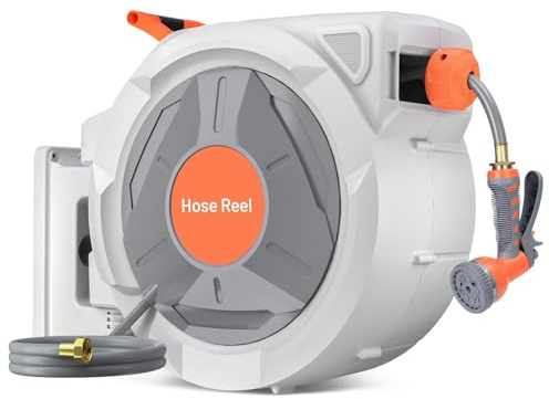 GAOMON 5/8 in x 65Ft Retractable Garden Hose Reel - Wall Mounted, with 9 Function Sprayer Nozzle, Any Length Lock, Automatic Slow Return System, 180° Swivel Bracket