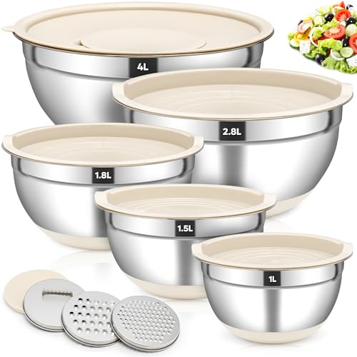 Fire More Set di 5 Ciotole Miscelatori in Acciaio Inox, 4L/3L/1,8L/1,5L/1L Ciotola per Insalatiera con Coperchio Ermetico e 3 accessori grattugia, impilabili e antiscivolo