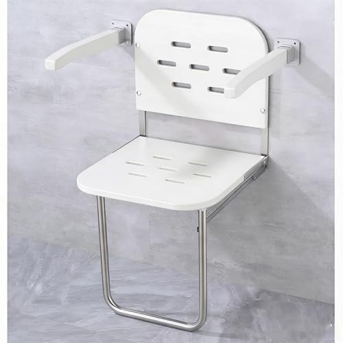 Siège De Douche Rabattable Bois, Chaise De Douche Murale Pliable avec Accoudoirs Et des Jambes Tabouret De Douche Antidérapant dans Max 250 Kg pour Handicapé Personnes âgées (White)