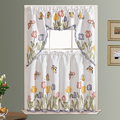 GOHD 3pcs Farmhouse Kitchen Cafe Tiers Set Air Brushed by Hand,Tulip Vigor