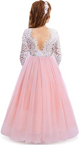IWEMEK Cils Dos Nu V-Back Dentelle Tulle Maxi Robe Manche Longue Fille Mariage Honneur Robes de Bal Ceremonie Première Communion Soirée Anniversaire Fête Robes pour Enfants Rose 3-4 Ans