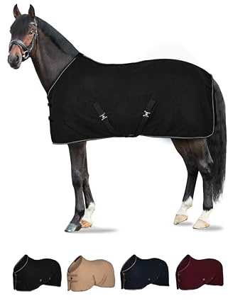 HORZE Kiel Fleece Horse Cooler Blanket | Quick-Dry Fleece Horse Cooler Sheet with X-Surcingles & Tail Cord - Black - 81 in