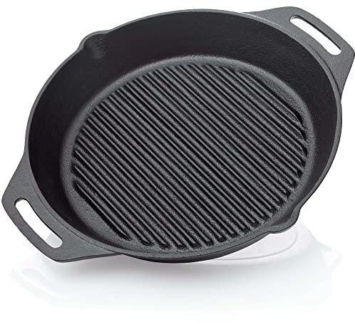 BBQ Nerd Gusseisenpfanne zum Grillen - mit Rillenboden für ein schönes Grillmuster - Steakpfanne Ø 30 cm 3200g mit Ausgießer und Henkel - Antihaft-Pfanne Feuerpfanne Outdoor-Pfanne