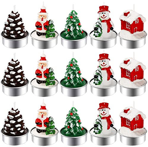 BUZIFU 15 Pieces Christmas Tealight Candles Christmas Unscented Candles Handmade Delicate Santa Claus, Snowman, Pine Cones, Xmas Tree, House Candle for Xmas Home Decoration Gifts