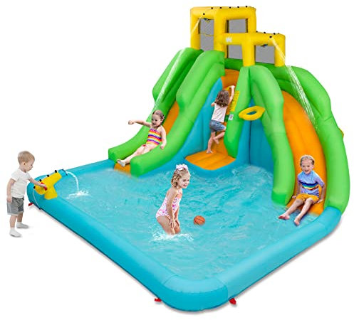 GOPLUS Aufblasbare Hüpfburg mit Planschbecken, Wasserpark mit Doppelter Rutsche, Kletterwand, Basketballkorb & Wasserkanone, mit Tragetasche für Außenbereich, 400x361x255 cm (Grün, Ohne Gebläse)