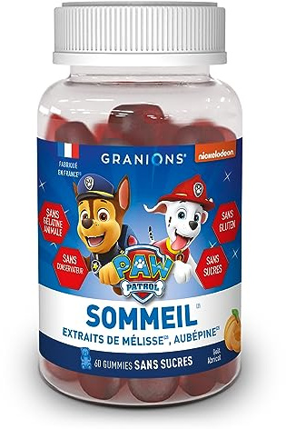 GRANIONS Gummies sommeil PAT PATROUILLE | Complement alimentaire | Relaxation, sommeil sain | Extrait de mélisse, aubépine | Goût abricot | Sans gélatine animale, sans sucres | Made in FR | 60 gummies