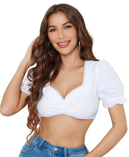 Funspread Dirndl Camicetta da Donna, Colore Bianco, a Maniche Corte, per Oktoberfest, Bianco, 38