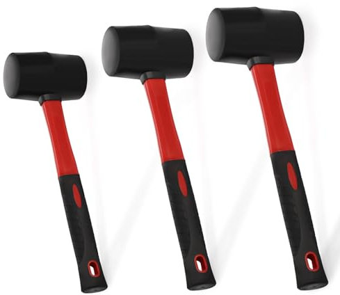 Peohud 3 Pack Rubber Mallet Hammer, 24/16/8 Oz Durable Camping Hammer with Fiberglass Handle, Soft Blow Mallet for Flooring, Tent Stakes, Woodworking, Construction and Home Renovation
