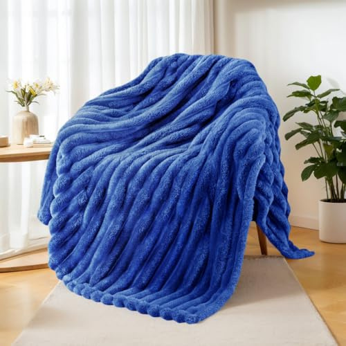 Exclusivo Mezcla Pläd fleecefilt, 130 x 150 cm, randig soffilt, supermjuk jacquard, sängfilt, lätt och fluffig, för alla årstider – koboltblå | Mjuka andningsbara mysiga sängfiltar, lätta plysch fluffiga luddiga jacquard-dekorativa filtar
