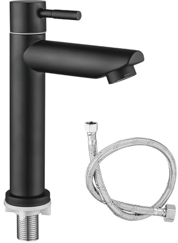 WANDGU Grifo de agua fría negro para baño: Inodoro para invitados, grifo de agua fría, solo agua fría, grifo monomando de agua fría, grifo de baño de acero inoxidable con manguera de conexión