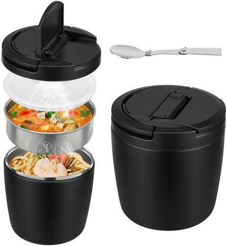 Itslife Thermobehälter für Essen 1400ml, Edelstahl Thermoschüssel mit Deckel, Thermo Lunchbox mit Löffel, Warmhaltebehälter Essen Auslaufsicheres für Suppen, Porridge, Babybrei, Schwarz