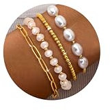 ORAZIO 4 Stück Perlen Armband Damen Gold 14 Karat Vergoldet Wasserfest Edelstahl Armband Verstellbares Perlenarmband Büroklammer Armkette Armbänder Gold Schmuck für Damen