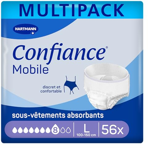 Confiance Mobile - Slips Absorbants pour Hommes et Femmes - Niveau d'Absorption = 8 gouttes (Fuites Urinaires Importantes) - Discrets et efficaces - pH Neutre à la Peau - Taille L - 4x14 Unités