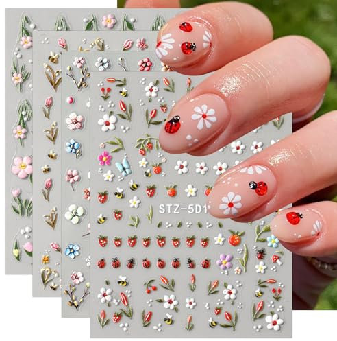 JMEOWIO 3D Nagelsticker Blumen Frucht Nail Art Sticker Selbstklebend Nagelaufkleber 5D Stereoskopisch Dekoration Nageldesign Zubehör 4 Blatt