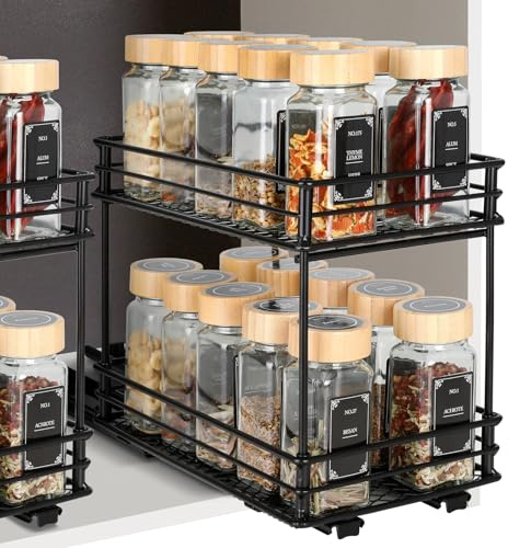 VINATO Ausziehbares Gewürzregal mit 2 Ebenen – Küchenorganizer mit Rollenschienen, Gewürzständer für Schrank, Spice Rack ohne Bohren (26x15x21,8 cm)