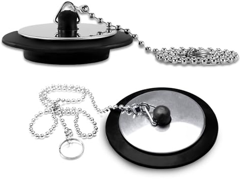 2 Pcs Bath Plug Replacement, Universal Bath Plug, Universal Bath Plug with Stainless Steel Chain, Drain Stopper for Bathroom, Black, 42mm-45mm for Kitchen, Bathroom, Home