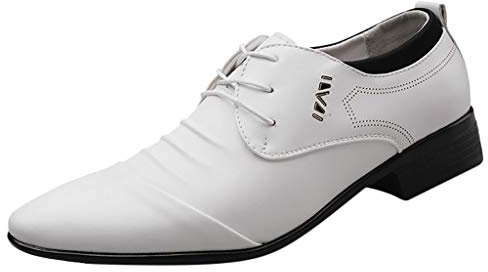 Zapatilla Hombre Invierno Con Tacón Zapatos Traje Calzado Casual Hombre Boda Encaje Cuero Hombres Cómodo Negocios Zapatos de Cuero para Taloneta Creciendo 4 Cm, blanco, 42 EU