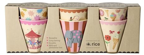 RICE Små melaminkoppar barnkoppar – rosa – roligt mässa-tryck – paket med 6 koppar set BPA-fri
