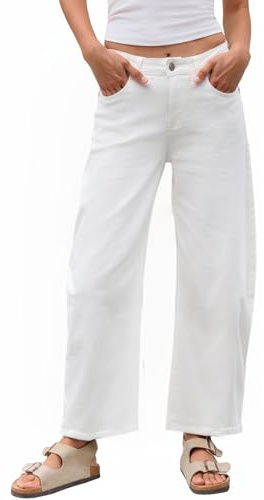PEIHOT Jean Baril pour Femme Tendance, Extensible, Taille Moyenne, Jambe Large, Jean Boyfriend Baggy avec Poches, Blanc, Taille L